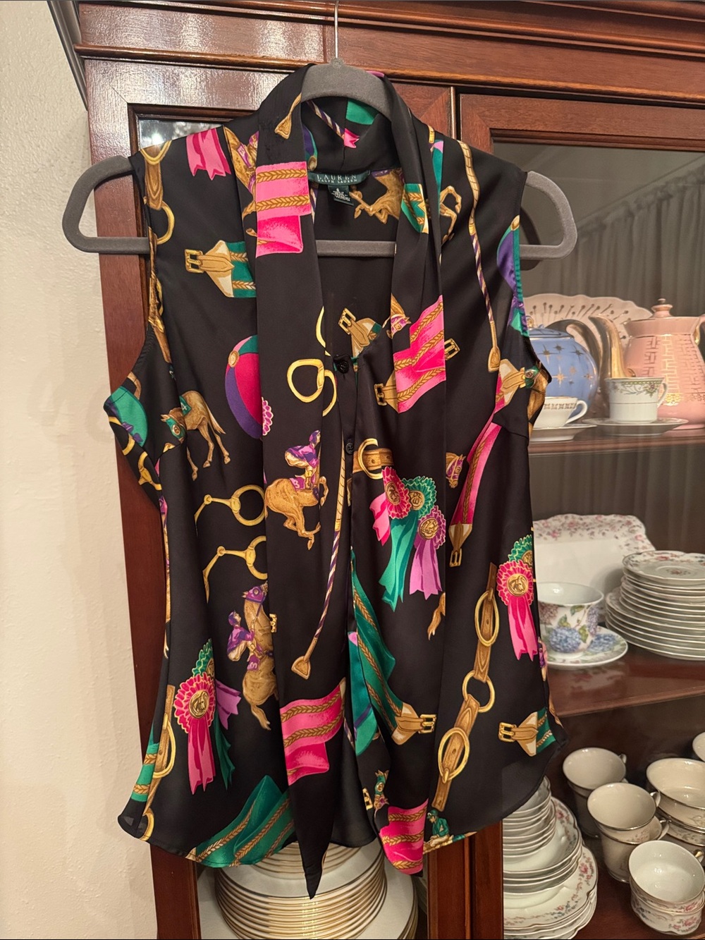 Black Satin Equestrian Print Sleeveless Blouse - Pink & Green Accents